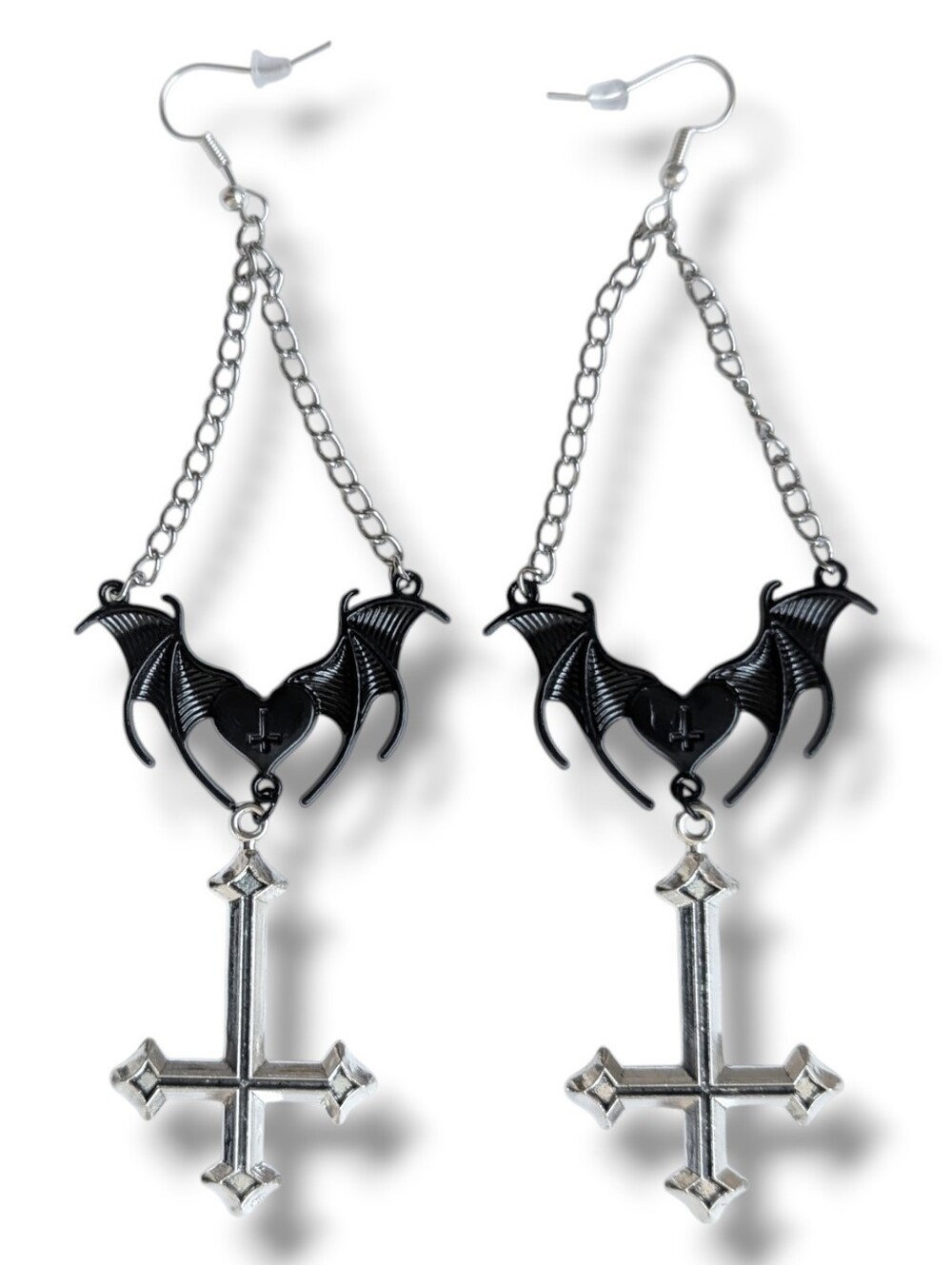 NWT Handmade Black Heart with Bat Wings Silver Inverted Cross and Chain Earrings